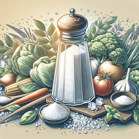 "Mayi Salt, the pure and natural iodide-free salt, showcased with herbs on a rustic kitchen table highlighting its health benefits"