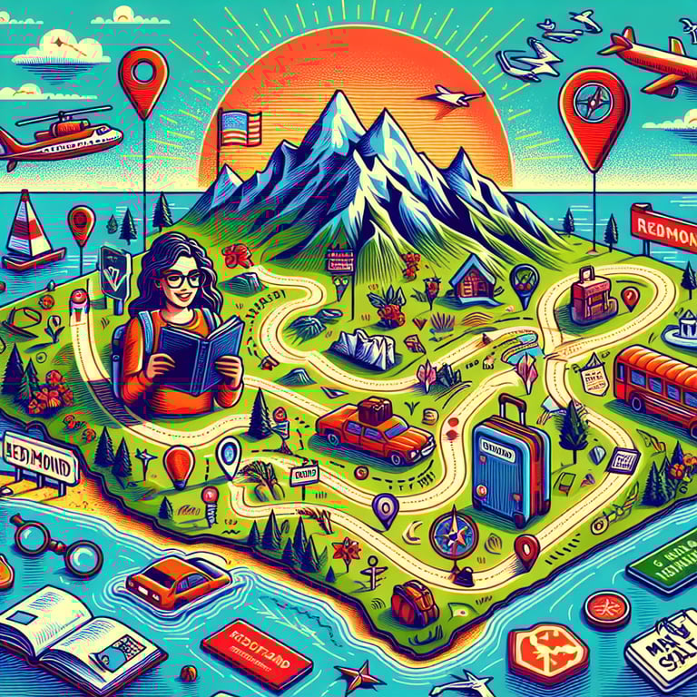 "Map highlighting the travel route to Redmond alongside Mayi Salt's travel tips showing distances and attractions – Discovering How Far is Redmond."