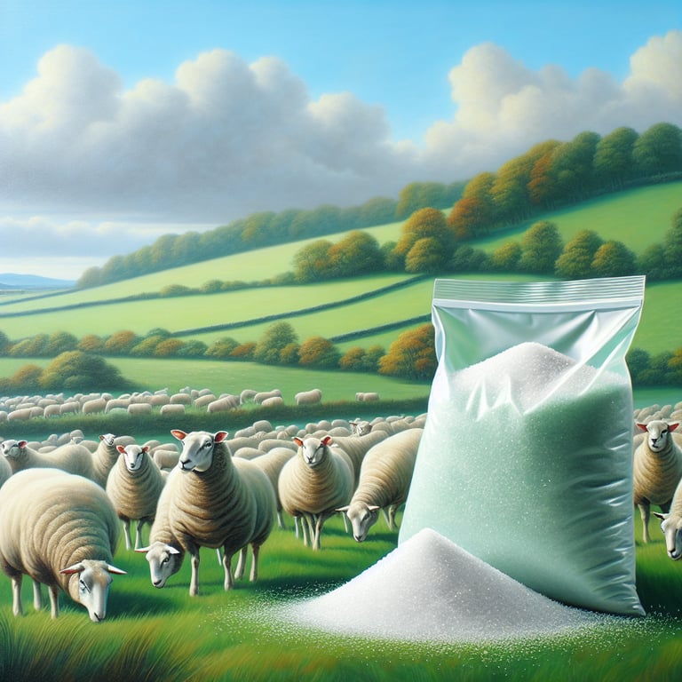 "Close-up of Mayi Salt's Pure Sheep Minerals product packaging with scattered granules, highlighting essential benefits for flock health and vitality, available sheep minerals for sale"