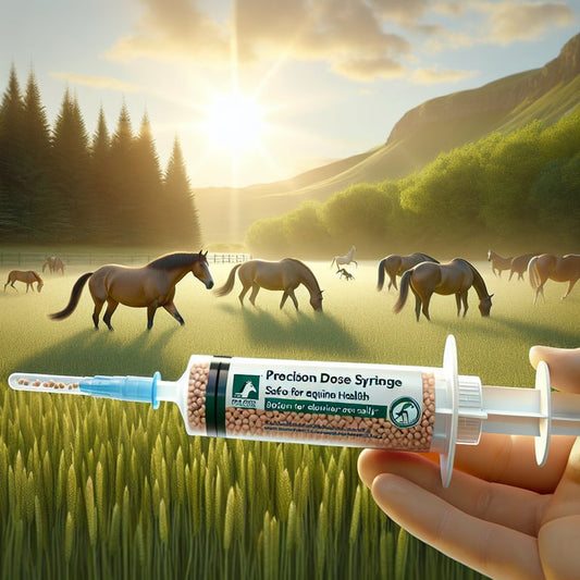 "Close-up of a Mayi Salt Precision Dose Syringe being administered to a horse for optimal equine health maintenance."