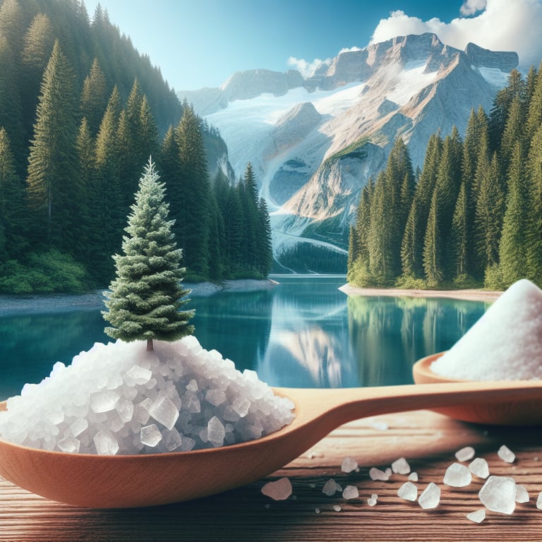 "Close-up view of Mayi salt crystals - a superior natural Redmond salt alternative showcased on a wooden spoon surrounded by nature elements, highlighting the pure taste of nature."