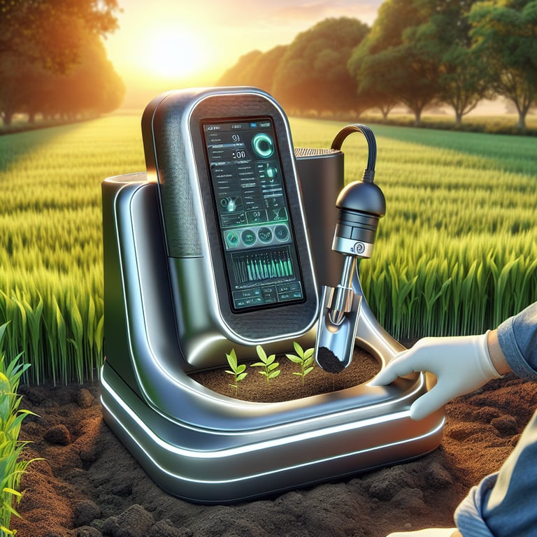 "Precision agriculture advanced soil test machine operated by researcher in lab coat, uncovering soil secrets for optimal farming, by Mayi Salt"