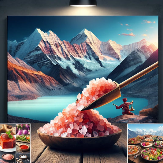 "Shivona Himalayan Pink Salt crystals showcased amidst the majestic Himalayan Mountains, symbolizing the purity and premium quality of Mayi Salt's product for culinary excellence."