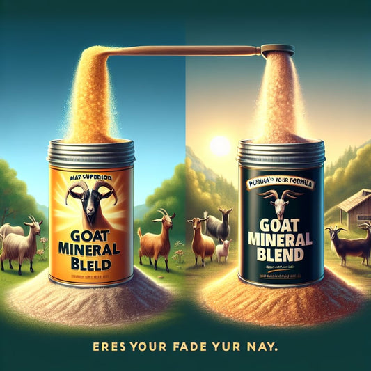 "Close-up view of Mayi Salt's Superior Goat Mineral Blend packaging with a comparison chart highlighting natural ingredients versus Purina goat mineral ingredients"