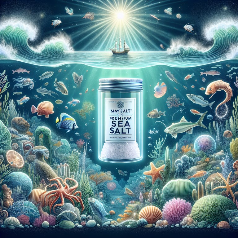 "Jar of Mayi Salt's Redmond Sea Salt on a serene beach, showcasing the product's natural, mineral-rich and flavorful sea salt crystals from the ocean's depths for a pure culinary experience."