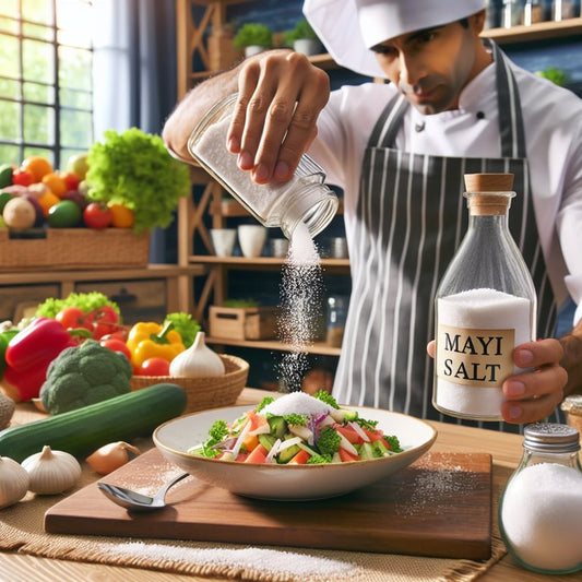 "Pure Mayi Salt crystals displayed with natural herbs, emphasizing the healthy Sundhed Salt alternative in a serene kitchen setting."