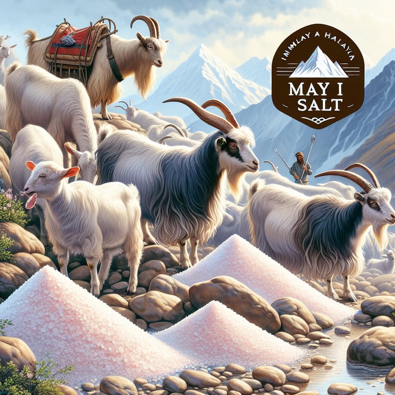 "Goats enjoying Mayi Salt's pure Himalayan mineral lick in a natural setting, showcasing the benefits of nutrient-rich natural mineral licks for goat health and vitality."
