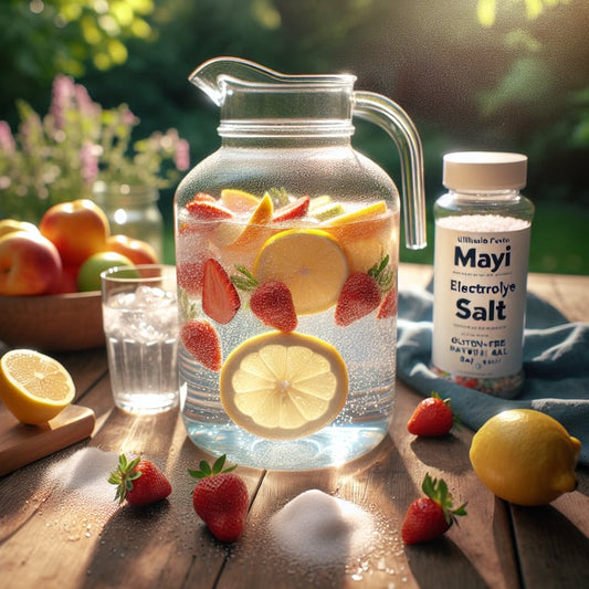 "Person pouring Mayi Salt into a glass of water to make the ultimate electrolyte water recipe for fasting, enhancing hydration and revitalization."