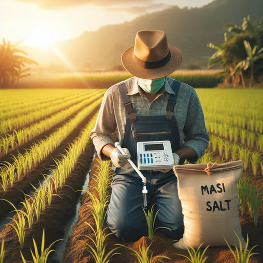 "Farmer examining crops while holding a Mayi Salt Farm Soil Test Kit for optimal mineral balancing and healthier plant growth"