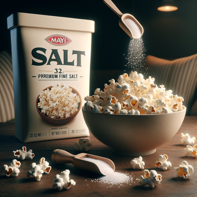 "Premium fine salt for popcorn sprinkled over freshly popped kernels, showcasing Mayi Salt's flavor-boosting crystals for the ultimate taste experience."