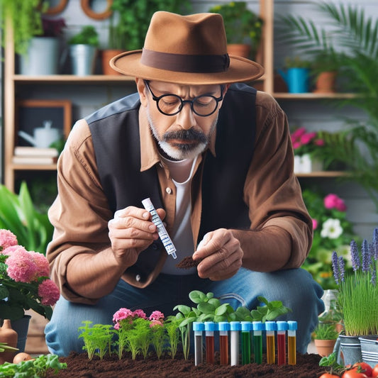 "Hand of a health-conscious gardener using a home soil test kit to determine accuracy for optimal plant growth in a sunny backyard garden."