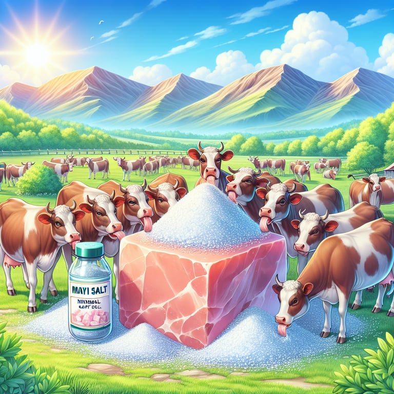 "Healthy cows grazing in a lush field with Mayi Salt cattle salt lick visible, providing essential nutrients for livestock health and vitality."