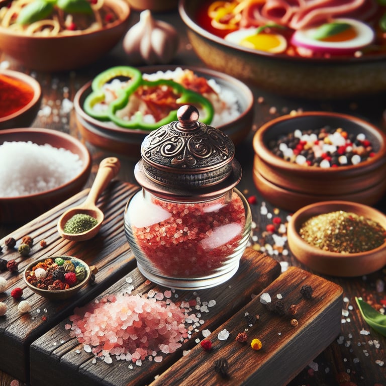 "Assortment of Mayi Salt gourmet blends with vibrant red hues on a rustic kitchen table, illustrating the rich flavors of natural seasonings as an alternative to Redmond seasoning in culinary creations."