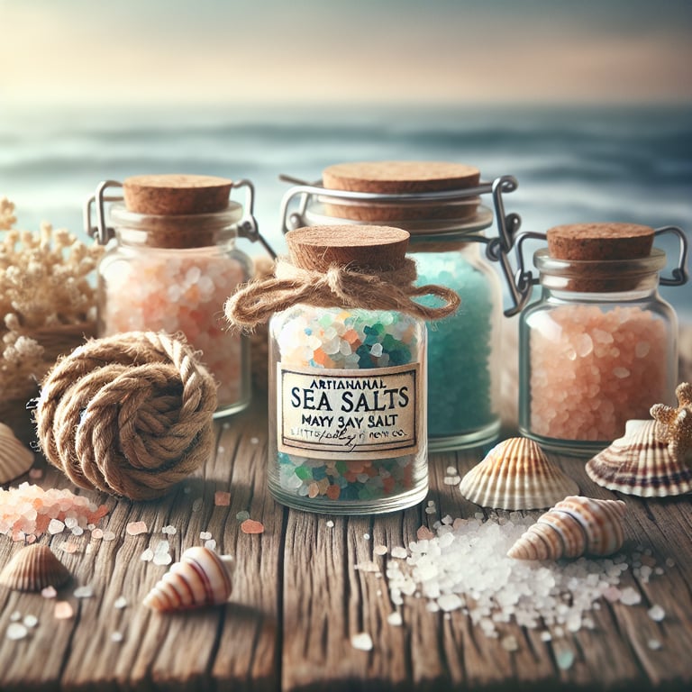 "Artisanal collection of Mayi Salt sea salts inspired by Little Salty Rope Co. with a variety of textures and colors for gourmet cooking"