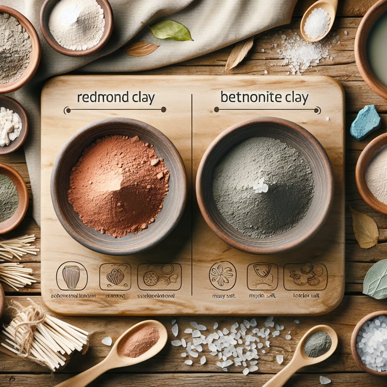 "Close-up of Redmond Clay and Bentonite Clay side by side with a scattering of Mayi Salt, demonstrating a natural health comparison for 'Redmond Clay vs Bentonite Clay' benefits."