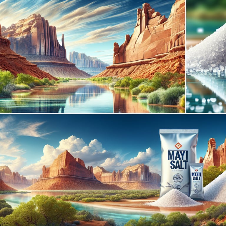 "Mayi Salt products poised against striking Utah landscape, showcasing a premier natural alternative to Redmond Minerals Utah"