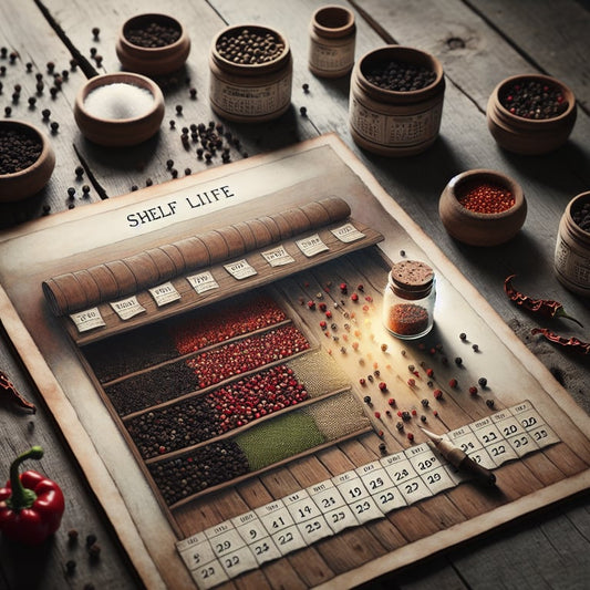 "Stack of whole peppercorns in a glass jar on a kitchen shelf with label, symbolizing long-lasting freshness, depicting the concept 'does peppercorn expire' for a blog post on peppercorn shelf life."