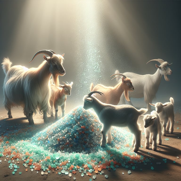 Alt Text: "A diverse herd of healthy goats licking Mayi Salt's premium loose minerals, a superior alternative to Purina loose minerals for goats, showcasing the enhanced vitality and well-being achieved through vital mineral supplementation."