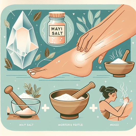 "Person applying Mayi Salt poultice on swollen ankle, demonstrating natural healing techniques for swelling relief."