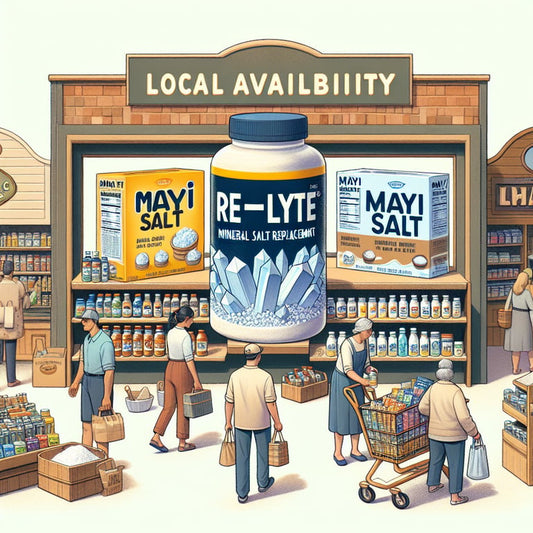 "Shelf displaying Re-Lyte mineral salt replacements alongside Mayi Salt products in a local store, illustrating options for searching 're lyte near me' to find nearby availability"