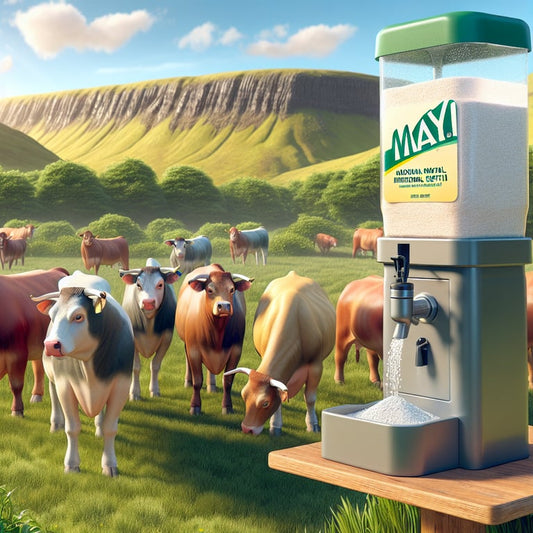 "Cattle grazing in a healthy green pasture with Mayi Salt's mineral supplements for cattle visible in the foreground, showcasing the essential benefits of natural mineral supplementation for maximizing cattle health."