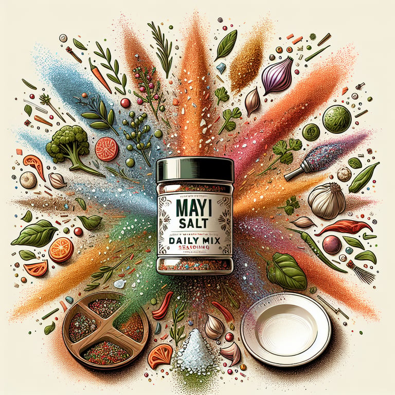 "Jar of Mayi Salt's Daily's Mix gourmet seasoning with a sprinkle on food, enhancing flavors for everyday meals"