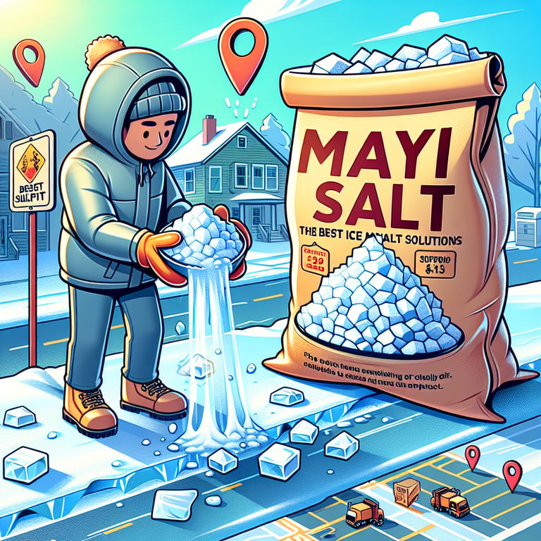 "Bag of Mayi Salt's ice melt salt being poured on a snowy driveway with a nearby location pin symbolizing 'ice melt salt near me' availability."