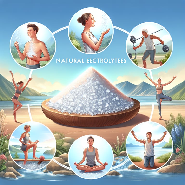 Alt text: "Bowl of natural Mayi salt crystals surrounded by fresh, hydrating fruits, illustrating a source of electrolytes to answer 'does Boost have electrolytes' in a wellness context."