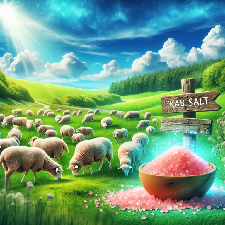 "Healthy flock of sheep grazing with a bowl of Mayi Salt, enriched with essential vitamins for optimal sheep health"