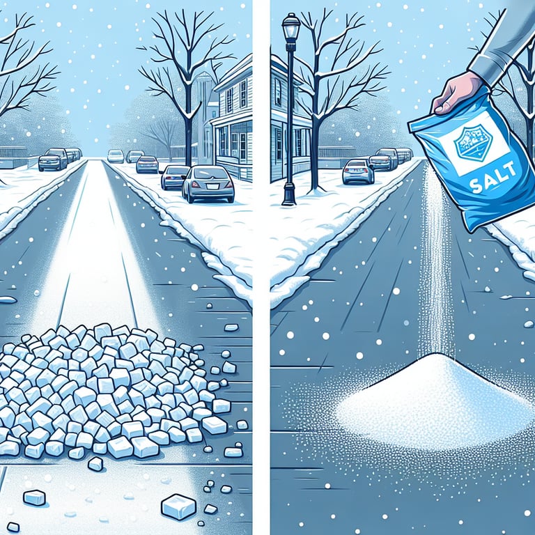 Alt text: "Winter driveway sprinkled with Mayi Salt's ice melt salt, showcasing the pure and effective solution for enhanced winter safety."