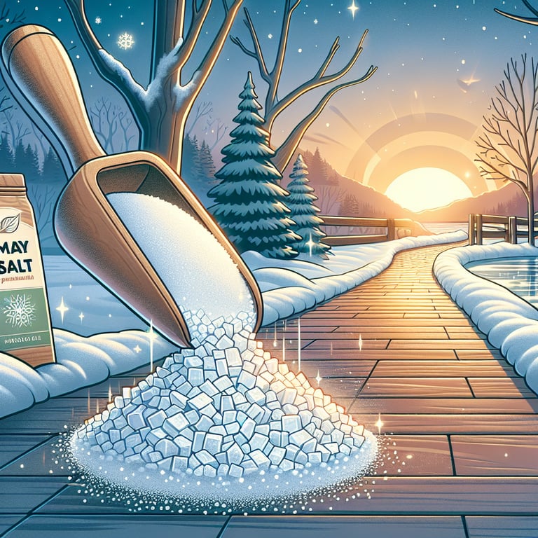 "Person sprinkling eco-friendly Mayi Salt on icy walkway, showcasing the effective safe walk ice melt alternative"