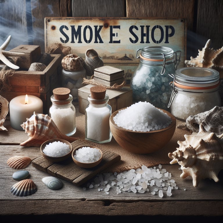 "Assorted Mayi Salt products on wooden shelves as a healthy, all-natural alternative to Redmond Smoke Shop merchandise."