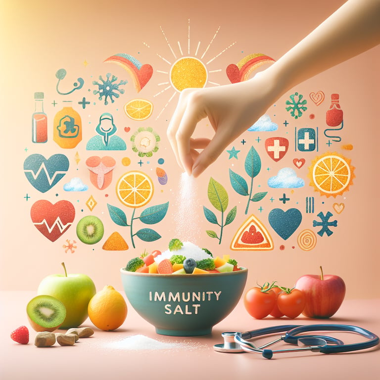 "Jar of Mayi Salt and natural immune-boosting ingredients like citrus, ginger, and honey, symbolizing the ultimate immune stimulator for enhanced immunity."