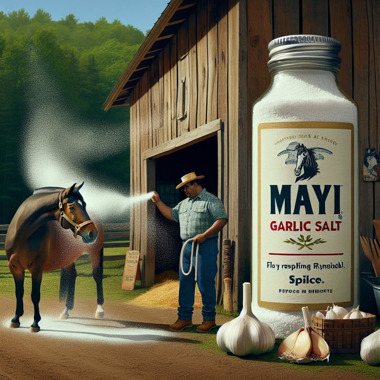 "Close-up of garlic salt mixture being applied to horse's coat as a natural repellent, demonstrating garlic for fly control in horses"