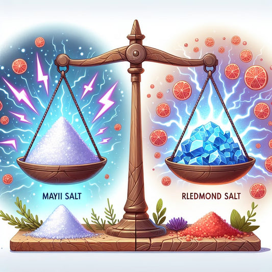 "Close-up image of coarse Mayi salt crystals and Redmond salt showcasing the distinction in mineral content for enhancing electrolytes"