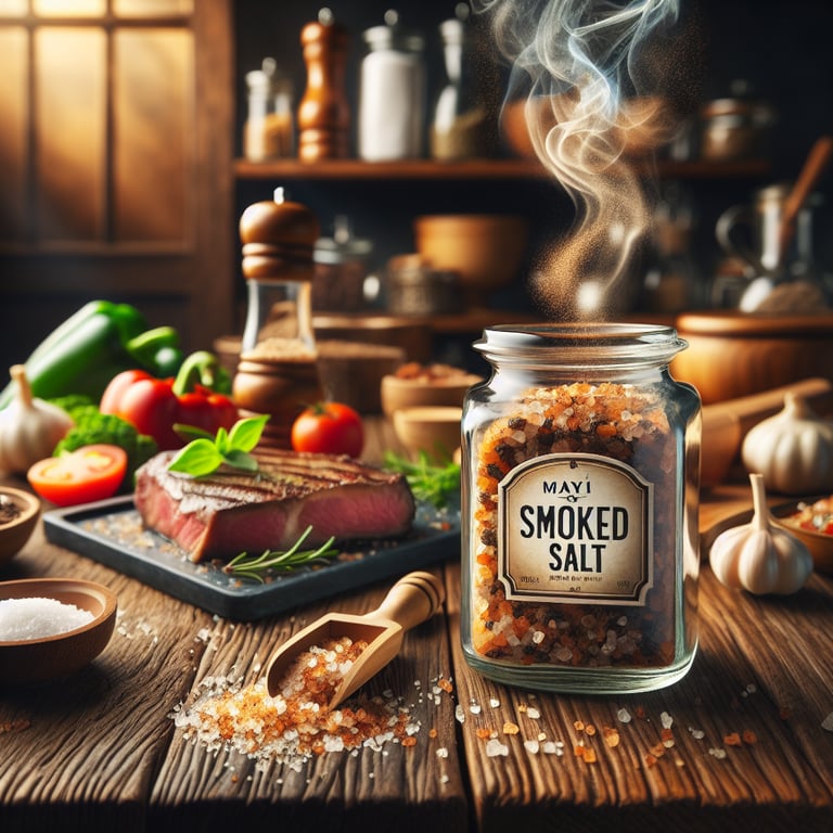 "Artisan crafted smoked salt varieties on wooden table showcasing Mayi Salt's gourmet culinary elevation"