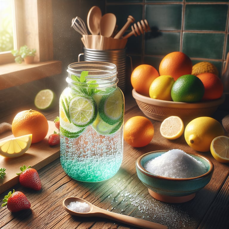 "Person whisking natural electrolyte recipe for fasting with Mayi salt in a glass bowl, ingredients on countertop, revitalizing homemade fasting drink concept."