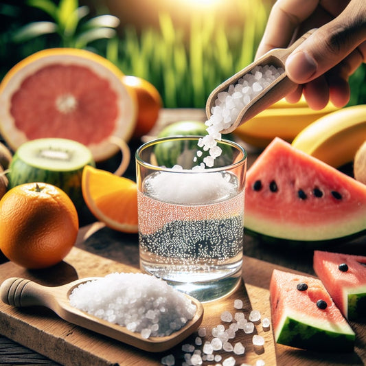 "Person holding a bowl of Mayi Salt with fresh fruits and vegetables in the background, illustrating natural ways to replenish electrolytes while fasting."