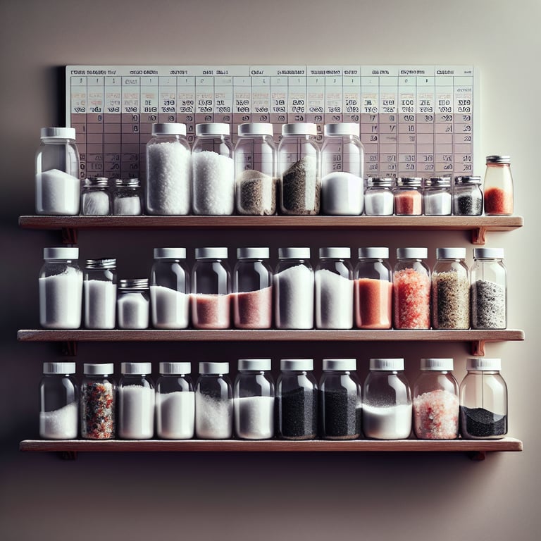 "Stacks of various salt types with expiration labels, questioning if salt goes bad over time, illustrating the blog post about the shelf life of salt."