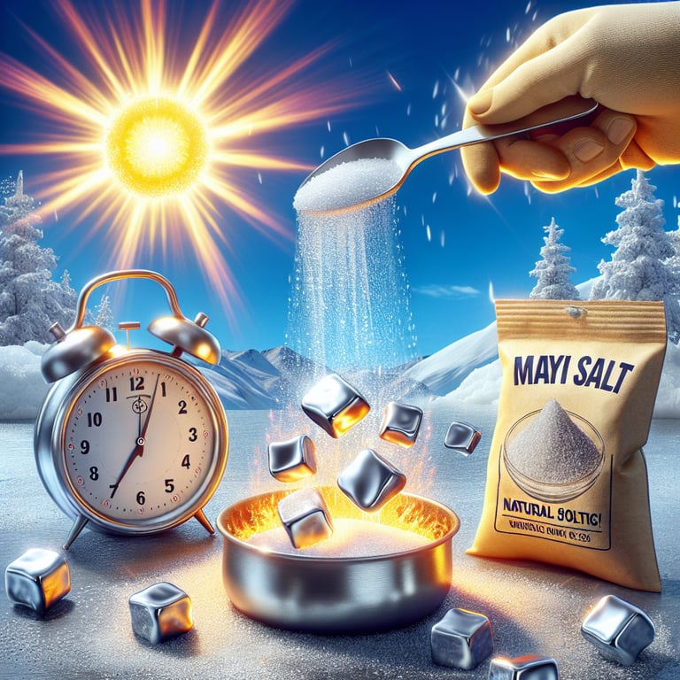 "Background display of silver particles enhancing the efficiency of Mayi Salt's natural deicing process as part of the surprising benefits of using silver to melt ice."