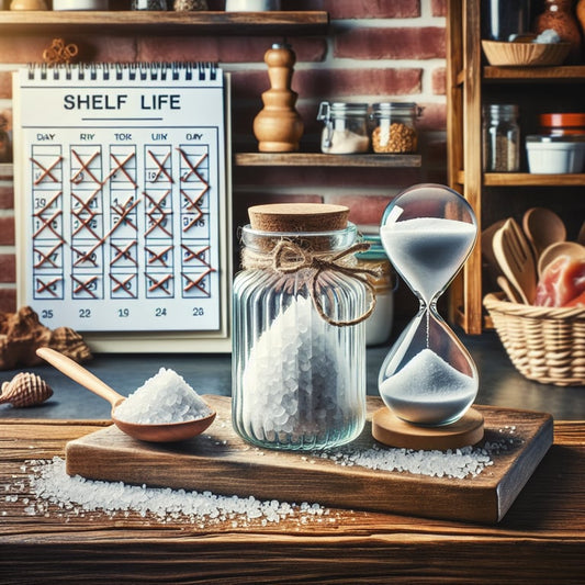 "Bag of rock salt with expiration date label on a rustic wooden background, illustrating article topic - Does Rock Salt Go Bad?"