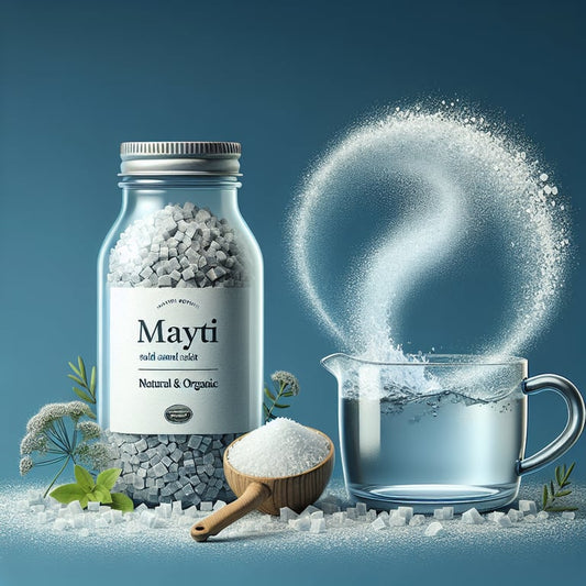 "Person scooping Mayi Salt into a glass of water as a natural alternative to Relyte powder for superior hydration benefits"