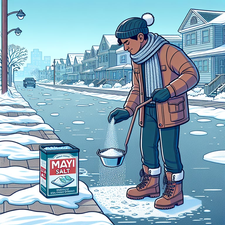 "Sea salt being used to efficiently melt ice on sidewalk demonstrating the effectiveness of natural Mayi Salt for winter safety."
