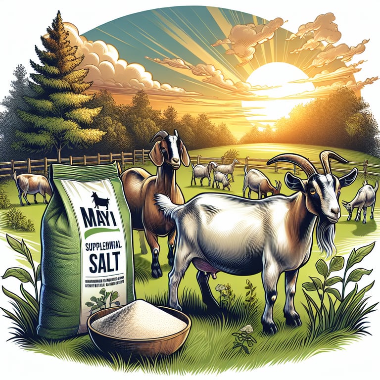 "Goats grazing in a lush field with a supplement feeder filled with Mayi Salt to illustrate essential supplements for goats for optimal nutrition featured image."