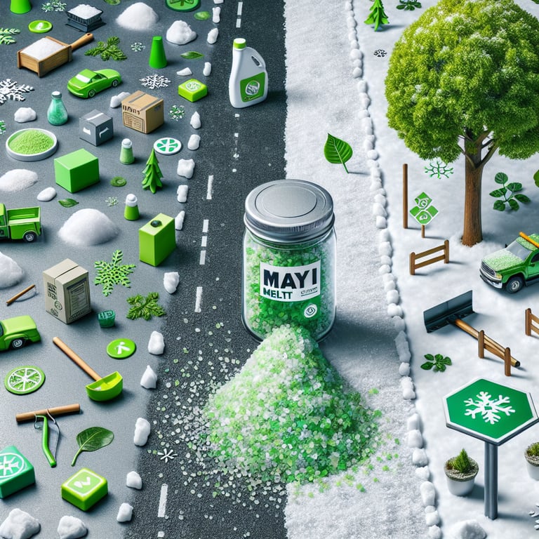 "Mayi Salt's environmentally friendly deicing product as a safer alternative to conventional ice melt, illustrating its use on a snowy pathway without damaging the surrounding nature."